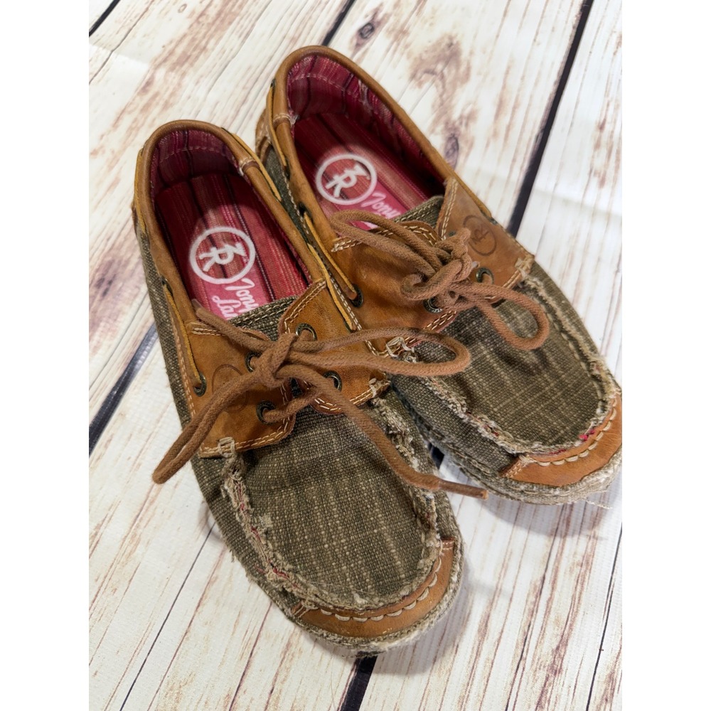 Tony Lama Womens RR3025L Canvas Leather Driving Mocs Boat Shoes Olive Brown 6.5